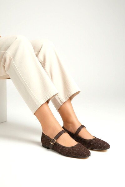 Cochines Women's Brown Tweed Fabric Casual Shoes Stylish Buckle Orthopedic Sole Casual Shoes Ballet Flats