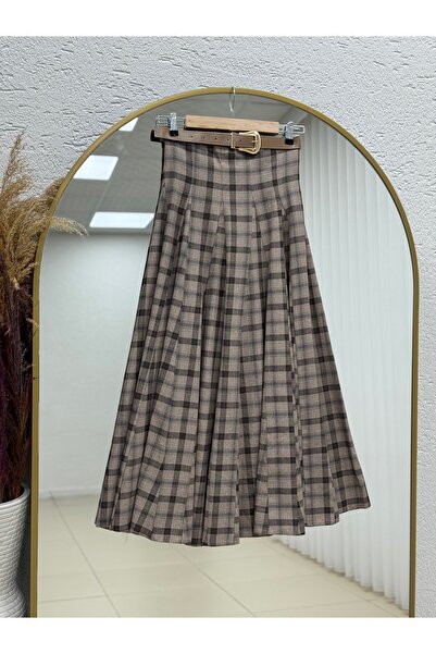 MİHRA STORE Işıl Yüksel Bel Kemerli Ekose Etek-AA4373 Vizon