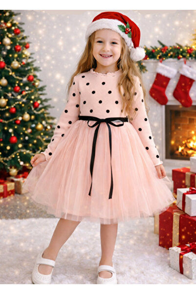 Şirin Şeyler Butiği Linda Holčička Dětská princezna Nadýchané Tutu šaty Puntíkatý Dlouhý rukáv Pružný Lycra Losos