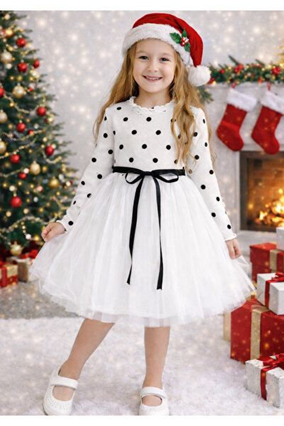 Şirin Şeyler Butiği Linda Uzun Kol Kız Çocuk Prenses Kabarık Tütü Elbise Puantiyeli Esnek Likralı Beyaz Tütülü Elbise