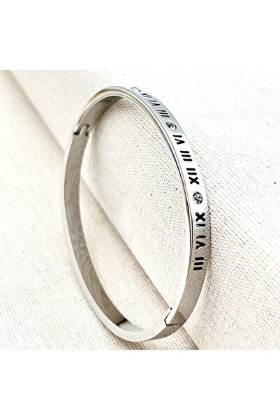 Siya Silver Roman Numeral Stoned Steel Handcuff Bracelet