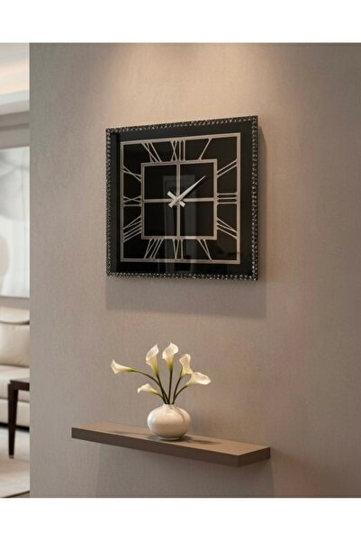 Amisos Dekor Kristal Taşlı Siyah Aynalı Dekoratif Duvar Saati – 50×50 cm