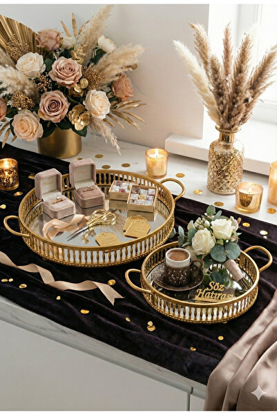 YAVUZHAN Kulplu Aynalı Gold 2’li Yuvarlak Söz, Sunum, Dekoratif Tepsi (20 ve 25 cm)