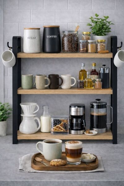 Bambus Home Mini Kahve Köşesi Mutfak Tezgah Üstü Ahşap Organizer 3 Raflı Bany...