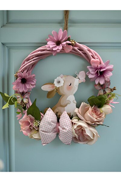 FLORİVYA Pembe Çiçek Detaylı Tavşan Figürlü El Yapımı Hediyelik Kapı & Duvar ...