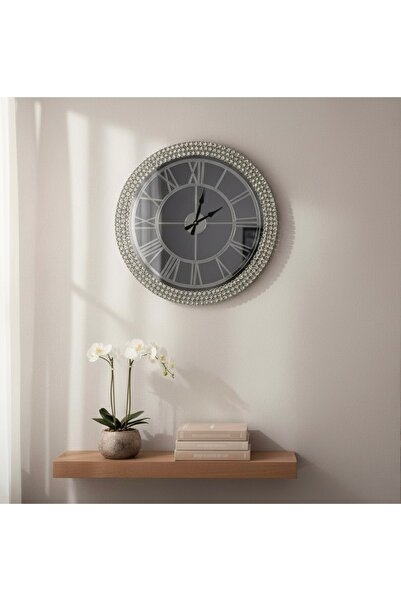 Amisos Dekor Kristal Taşlı Gümüş Yuvarlak Dekoratif Duvar Saati 50 cm – Şık ve Işıltılı Tasarım