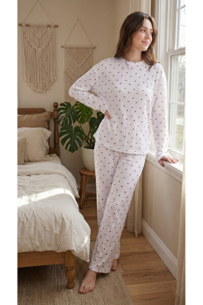 Arvin Pijama Women's Heart Patterned Soft Tuştu Texture Corded Fabric Winter Cotton Comfortable Fit Long Sleeve Pajama Set