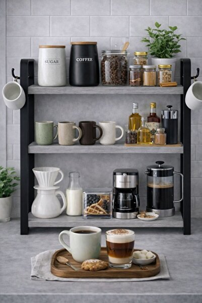 Bambus Home Mini Kahve Köşesi Mutfak Tezgah Üstü Ahşap Organizer 3 Raflı Bany...