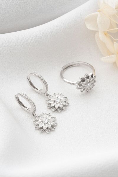 Silvano Jewelry 925 Ayar Gümüş Lotus Çiçeği Yüzük Küpe Seti
