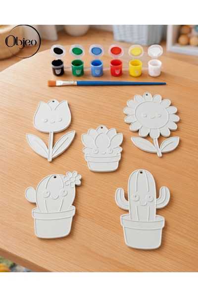 objeo Çiçek Temalı Çocuk Boyama Seti - 5 Parça Boyanabillir Şekil + 6 Renk Akrilik Boya + Fırça