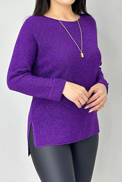 Bİ.GİYSEN Kadın Mor Bisiklet Yaka SİMLİ İnce Tiriko Duble Kol Manşetli Bluz