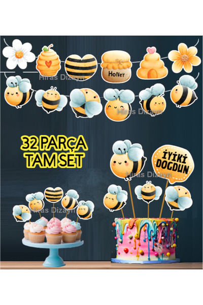 Hiras Dizayn 32 Parça Bal Arısı Temalı Dev Doğum Günü Seti Banner+Pasta Süsü+...