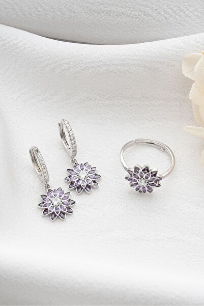 Silvano Jewelry 925 Ayar Gümüş Lotus Çiçeği Yüzük Küpe Seti
