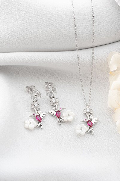MUİ JEWELRY 925 Ayar Gümüş Sedefli Arı Kuşu Kolye Küpe Seti