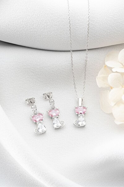 Silvano Jewelry 925 Ayar Gümüş Pembe Taşlı Kedi Kolye Küpe Seti