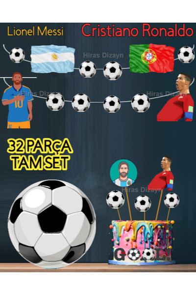 Hiras Dizayn Ronaldo Messi 32parça Futbol Doğum Günü Süsü Banner Pasta Kürdan...