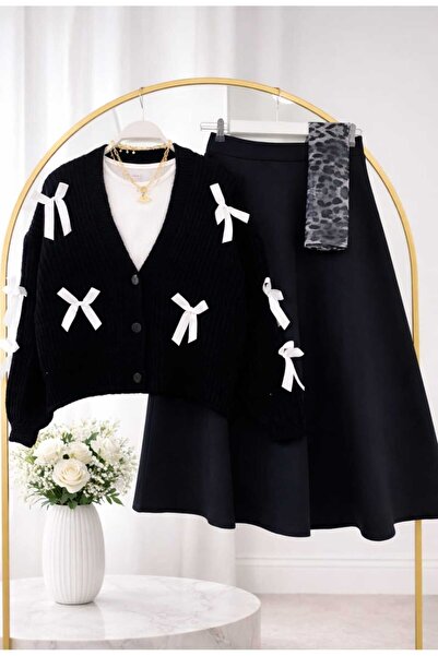 MODA VEDAT Women's Bow Detailed Knitwear Cardigan - Scuba Skirt Set