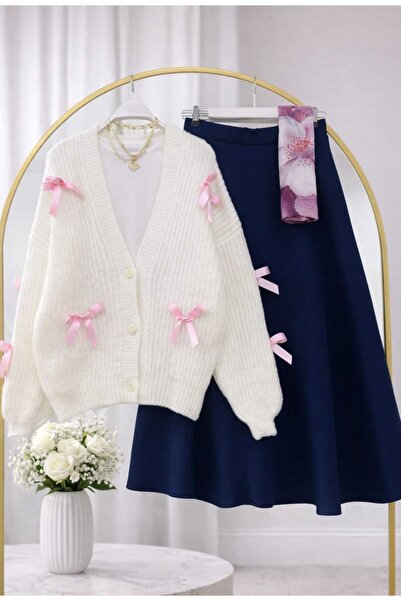 MODA VEDAT Kadın Fiyonk Detaylı Triko Hırka - Scuba Etekli Takım