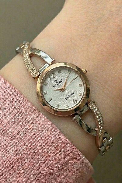 Vivaldi Kadın Rose Silver Yuvarlak Taş Detaylı Bilezik Kordon Çelik Kol Saati | 2 Yıl Garanti