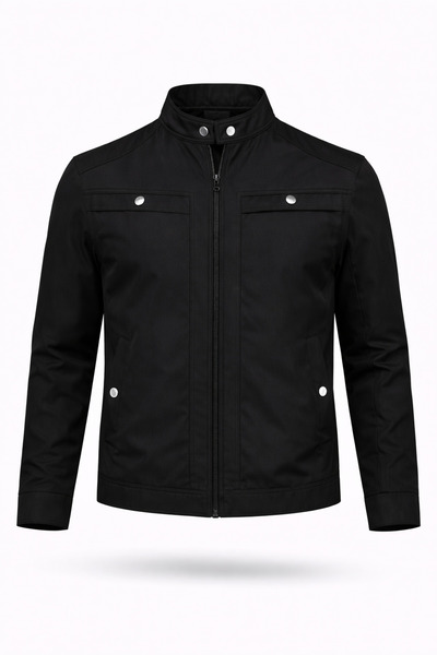 REGOS Erkek Siyah Göğüs Ve Kolları Çıtçıt Detaylı Omuzları Işlemeli Ince Yazlık Mevsimlik Mont&ceket