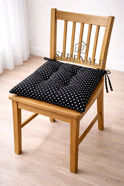 DURU HOME COLLECTİON Pofidik Siyah Beyaz Puantiyeli Sandalye Minderi 40 X 40 Ebatlarında Düğme Dikişli Sandalye Minderi
