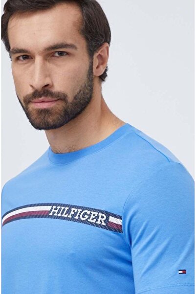 Tommy Hilfiger Men's Brand Logo Detailed Short Sleeve Round Collar Blue T-Shi...