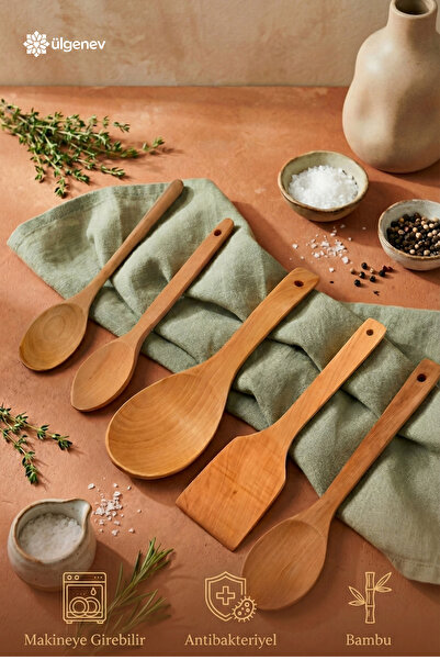 Ülgenev 5'li Bambu Tahta Kaşık Seti Pilav,Sos, Ölçü ve Mama Kaşığı, Spatula Ahşap Mutfak Seti, Çeyizlik