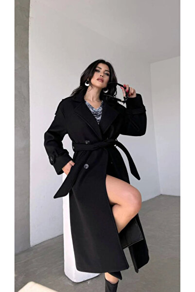 2ozbutik Women's Black Belted Lined Long Stamp Coat