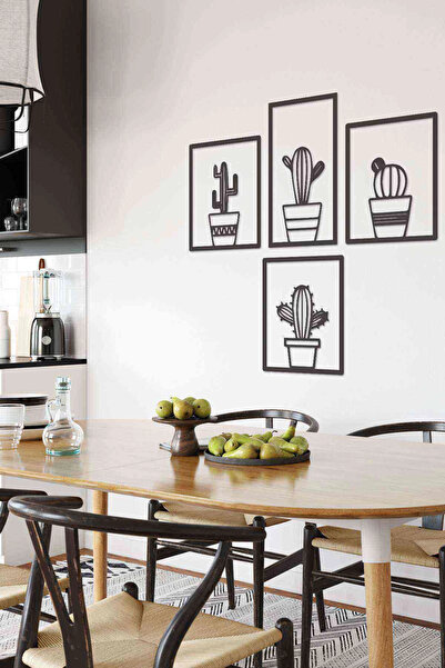 RetroLazer Kaktüs Seti 4 Lü Duvar Dekoru Tablosu Siyah Ahşap Lazer Mdf