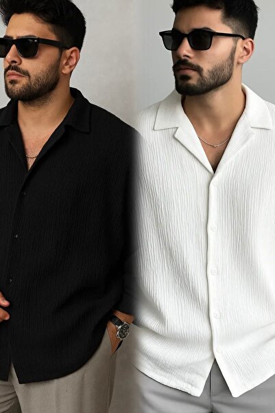 bb butik basic Ütü istemeyen owersize gömlek ikili set SİYAH BEYAZ