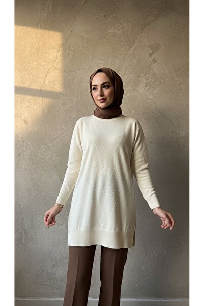 Hafel Tesettür Kadın Krem Triko Soguk İplik Tunik