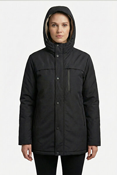 QAWWA Kadın Siyah Önü Cepli İçi Kürklü Su ve Rüzgar Geçirmez Kapüşonlu Kışlık...