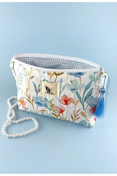 esperidesign Tasarım Püsküllü Tek Gözlü Elyaflı Yıkanabilir Geniş Makyaj Çantası