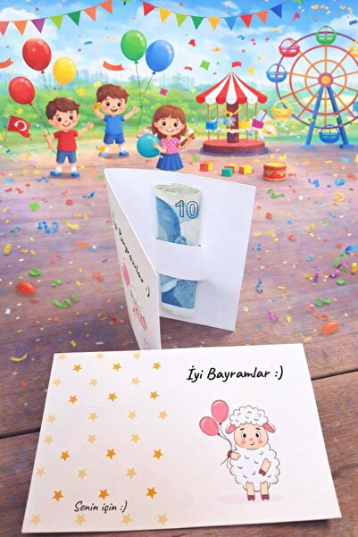 Emtory Home 10 Adet Balonlu Kuzu İyi Bayramlar Tebrik Kartı - Para Kartı - Bayram Harçlık Kartı 1.Hamur