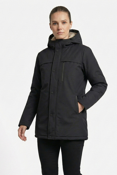 QAWWA Kadın Siyah Su ve Rüzgar Geçirmez İçi Kürklü Kapüşonlu Parka & Mont & Kaban