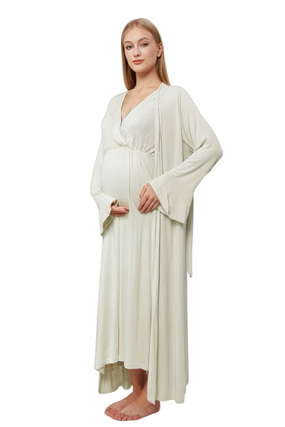 bigmama Konforlu Kısa Kollu Lohusa Gecelik Sabahlık Takımı Emzirme Hastane Çıkışı Gecelik Takımı