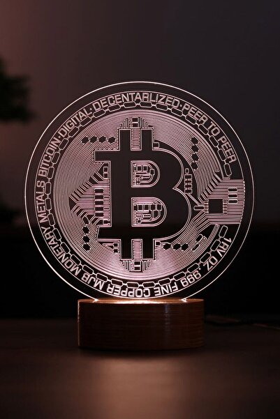BY-LAMP Bitcoin Led Masa Lambası Ahşap Taban 7 Farklı Işık Renkli Gece Lambası Kripto Dekoratif Aydınlatma