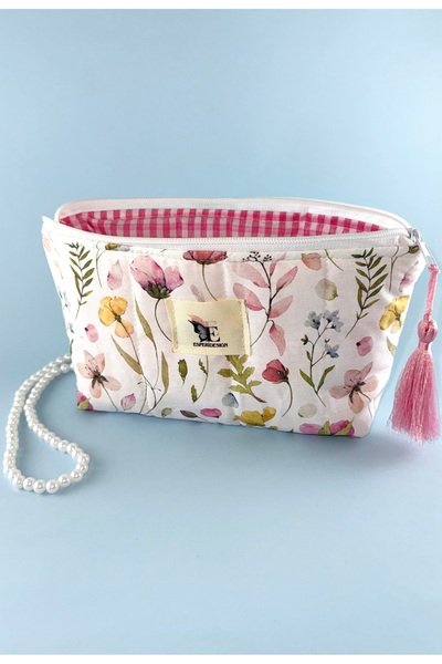 esperidesign Tasarım Püsküllü Tek Gözlü Elyaflı Yıkanabilir Geniş Makyaj Çantası