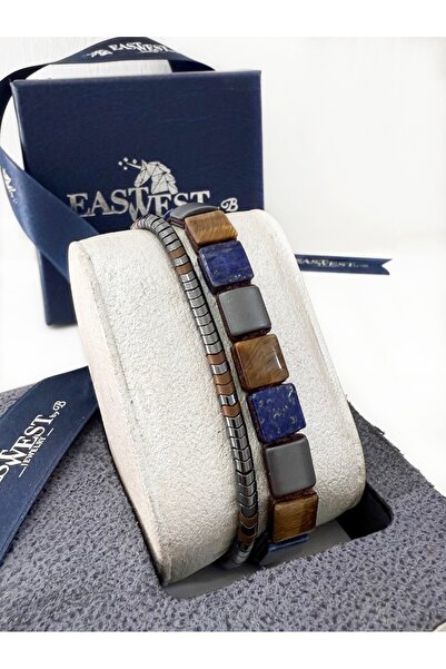 EAST&WEST 925 Ayar Gümüş Ikili Kaplangözü, Lapis Ve Hematit Doğaltaş Bileklik Set