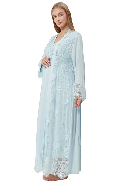 bigmama Mavi Dantelli Lüks Lohusa Gecelik ve Sabahlık Takımı - Yazlık 2 Parça...