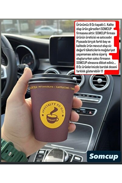 somcup 8 oz Kapaklı (50X2 100 ADET) 100 adet karton bardak + 100 adet kapak latte bardağı