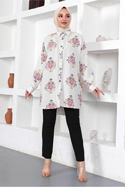 TRENDTESETTÜR KADIN BEJ (BEJ-FUŞYA) DESENLİ PAMUKLU GÖMLEK TUNİK T 3521