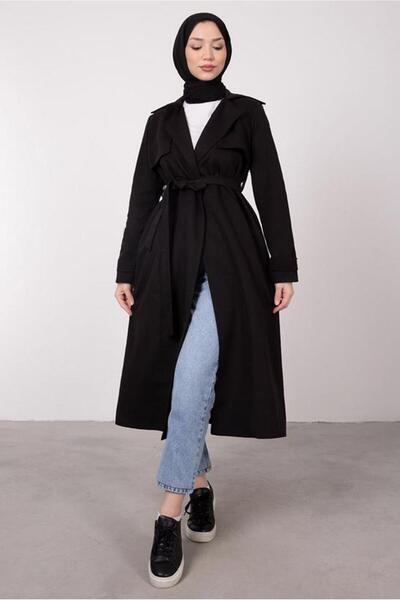 TRENDTESETTÜR KADIN SİYAH KRUVAZE YAKA KUŞAKLI CEPLİ TRENÇKOT T 1331