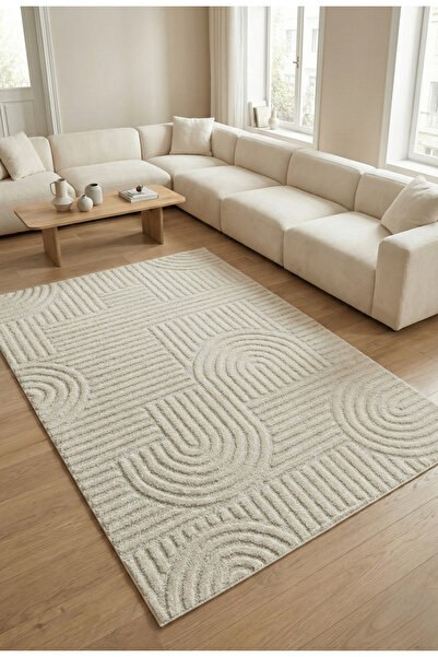 Anaska Home Modern Desen Özel Kesim Halı Salon Halısı Mutfak Halısı Yolluk Krem Kolay Temizlenebilir