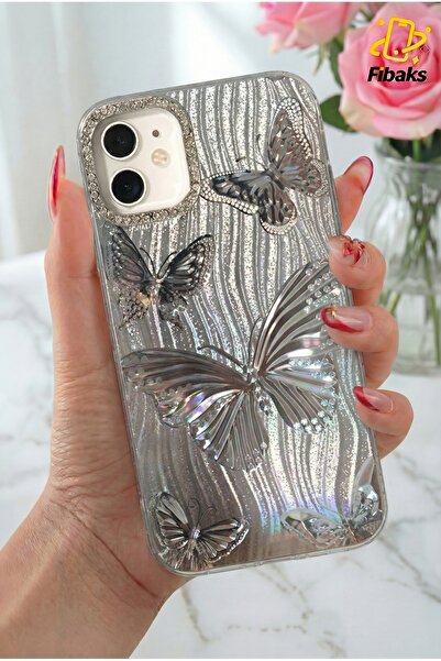Fibaks Iphone 11 case holographic silver stone glitter butterfly pattern shoc...