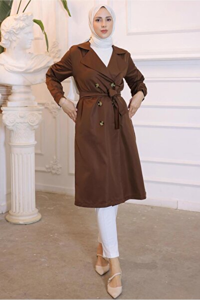TRENDTESETTÜR WOMEN'S BROWN CROWACE COLLAR BELLOWED TRENCH COAT T 3585