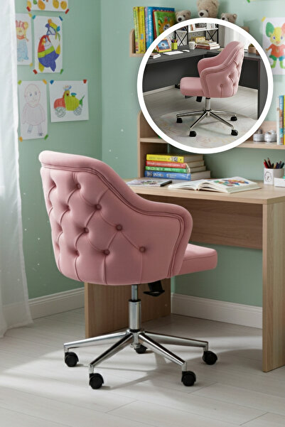 SandalyeDeposu Rose Kapitoneli Çalışma Koltuğu ( Pembe Lakos Kumaş , Krom Ayak)