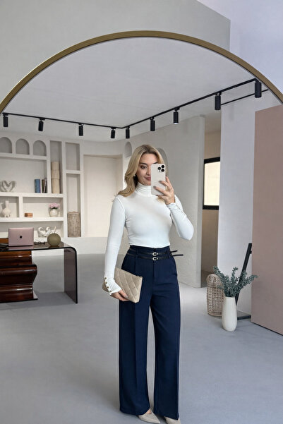 Sezgi Tekin Double Belted Double Crepe Navy Blue Palazzo Pants