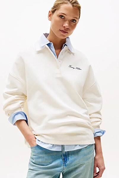 Tommy Hilfiger Kadın Yazı Baskılı Pike Rugby Beyaz Sweatshirt WW0WW45779YA8