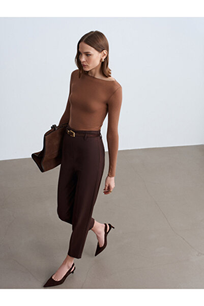 Dilvin 72242 بنطلون بحزام وخصر مرتفع - بني